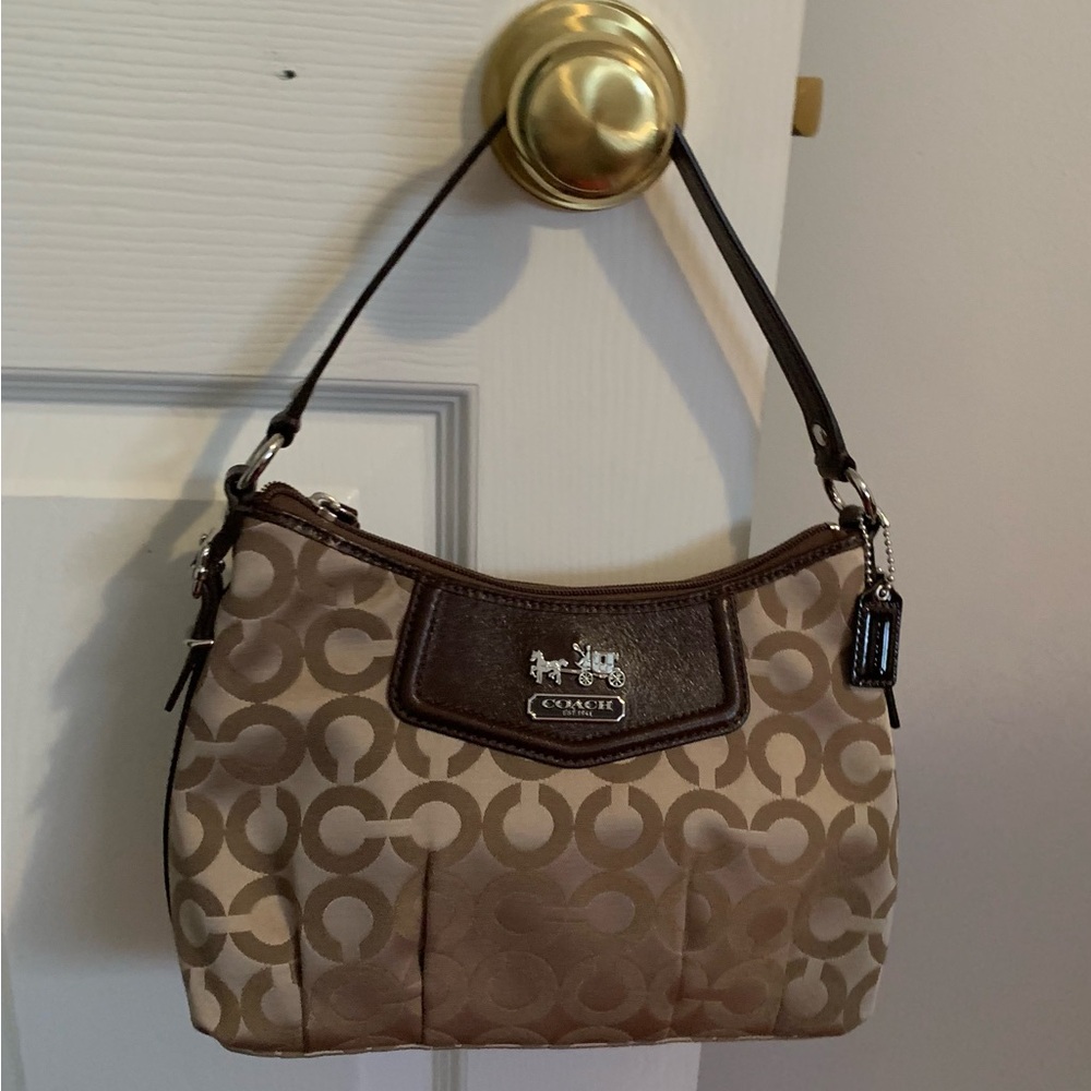 Coach Brown and Tan Signature Shoulder Bag